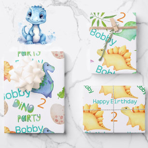 Cute Dino Party Boys Dinosaur Name & Age Wrapping Paper Sheet