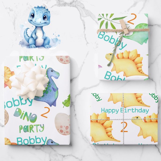 Cute Dino Party Boys Dinosaur Name & Age Wrapping Paper Sheet (Creator Uploaded)