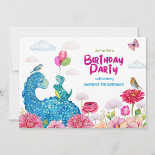 Cute Dino Party Dinosauries Watercolor Birthday Invitation