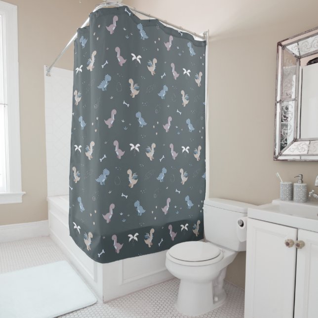 Cute Dino Patern Bluish Grey Shower Curtain (In Situ)