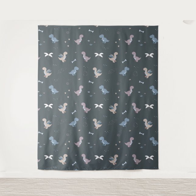 Cute Dino Patern Bluish Grey Tapestry (Front)