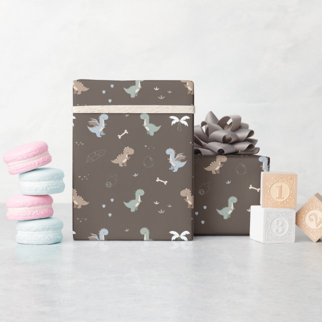 Cute Dino Patern Brown Wrapping Paper Roll (Baby Shower)