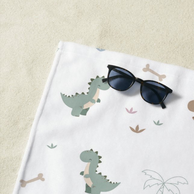 Cute Dino Patern White Beach Towel (In Situ)
