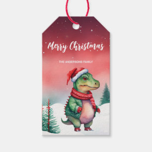Cute Dino Santa Christmas party holiday Snow kids Gift Tags