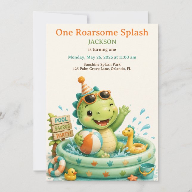 Cute Dino Splash Pool Party First Birthday  Invitation (Front)