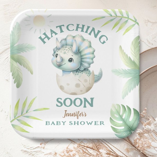 Cute Dino Triceratops Dinosaur Boy Baby Shower Paper Plate (Creator Uploaded)