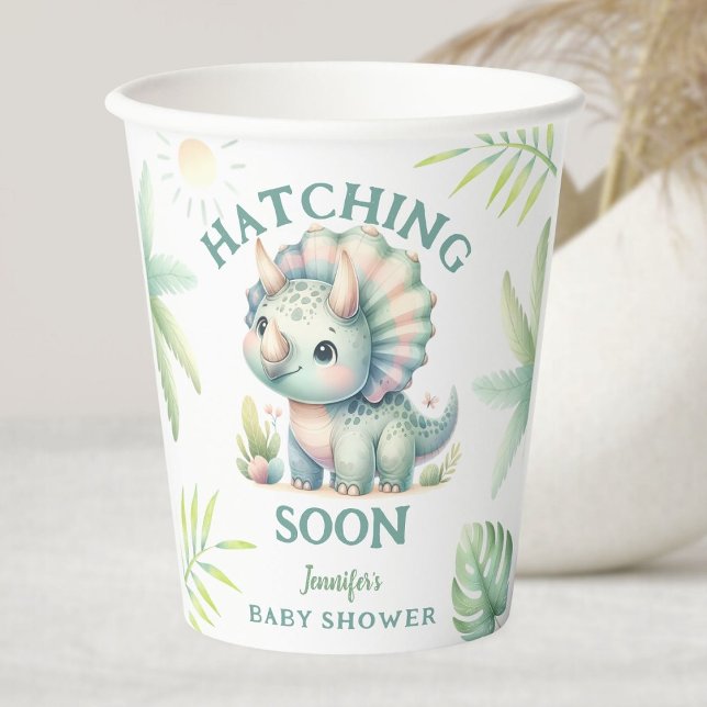 Cute Dino Triceratops Dinosaur Green Baby Shower Paper Cups (Creator Uploaded)