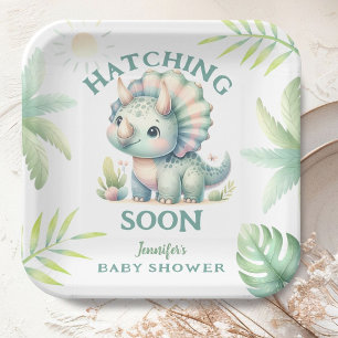 Cute Dino Triceratops Dinosaur Green Baby Shower Paper Plate
