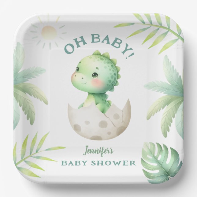 Cute Dino Tropical Dinosaur Baby Shower Paper Plate (Front)