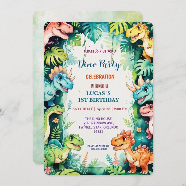 Cute DIno wildflower Dinosaurs 1st Birthday party  Save The Date (Front/Back)