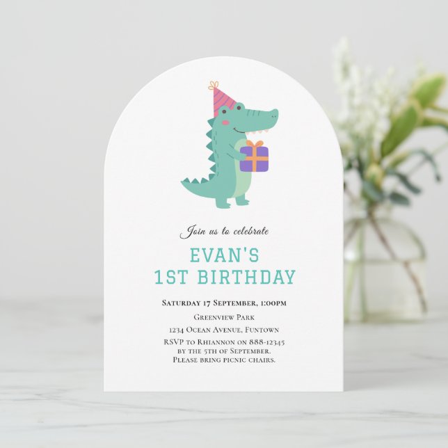Cute Dinosaur 1st birthday invitation (Standing Front)