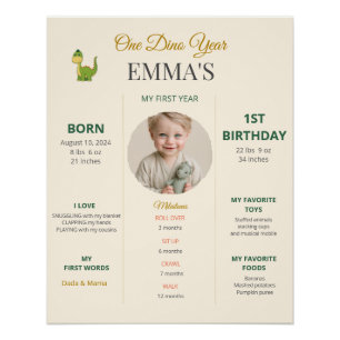 Cute Dinosaur 1st Birthday Milestones Photo Poster