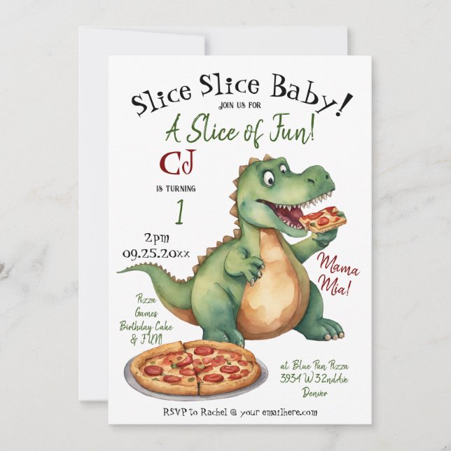 Cute Dinosaur 1st Birthday Pizza Party Invitation (Front)