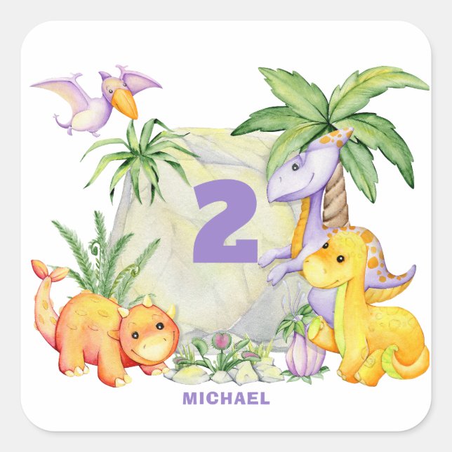 Cute Dinosaur 2nd Birthday Sticker (Front)