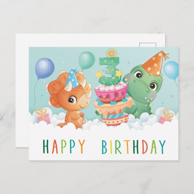 Cute dinosaur 3rd birthday card (Front/Back)
