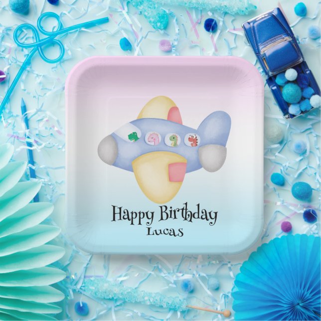 Cute dinosaur aeroplane Student kids Birthday part Paper Plate (Party)