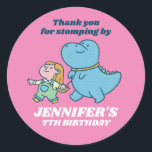 Cute Dinosaur and A Girl Kids Birthday Party Classic Round Sticker<br><div class="desc">Cute party favours for kids,  boys or girls who love dinosaurs and t-rex. Perfect for kids birthday party,  party favours and thank you label. You can also customise the text for baby shower or other occasion and party.</div>