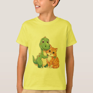 Cute Dinosaur and Cat Hug Kids T-Shirt
