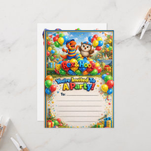 Cute dinosaur and owl kids birthday party invitati invitation