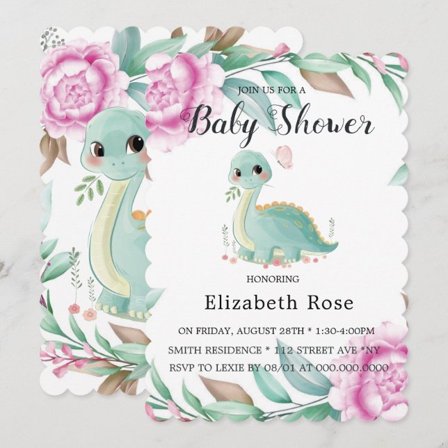 Cute Dinosaur and Pink Peony Baby Shower Invites (Front/Back)