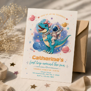 Cute Dinosaur Astronaut First Birthday Party  Invitation