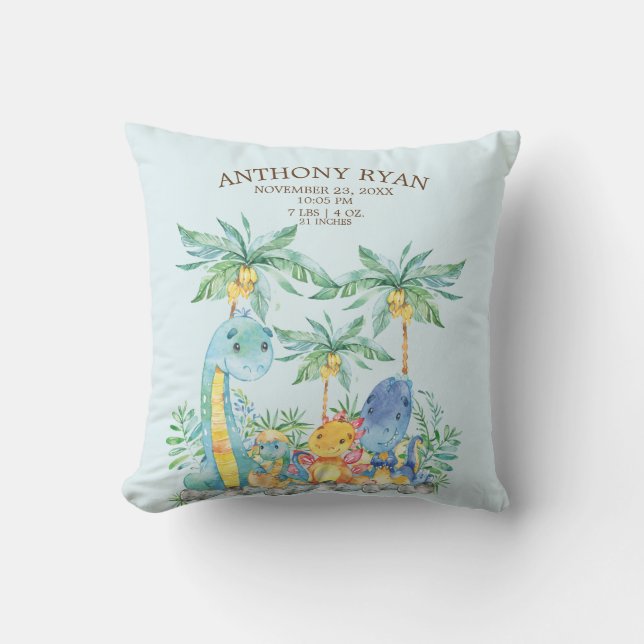 Cute Dinosaur Baby Boys Birth Stats Pillow (Front)
