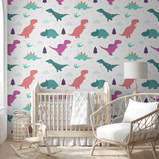 Cute Dinosaur Baby Girl Nursery Peel & Stick Wallpaper (Kids)