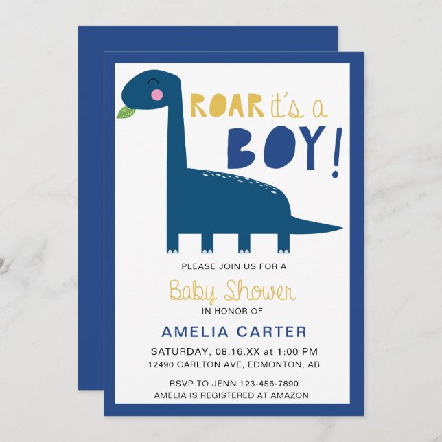 Cute Dinosaur baby shower Boy Blue Modern Invitation (Front/Back)