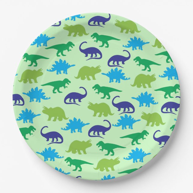 Cute Dinosaur Baby Shower Dino Blue and Green Boy Paper Plate (Front)
