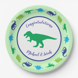 Cute Dinosaur Baby Shower Dino Blue and Green Boy Paper Plate