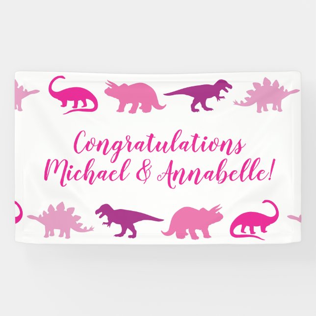 Cute Dinosaur Baby Shower Dino Pink Girl Banner (Horizontal)