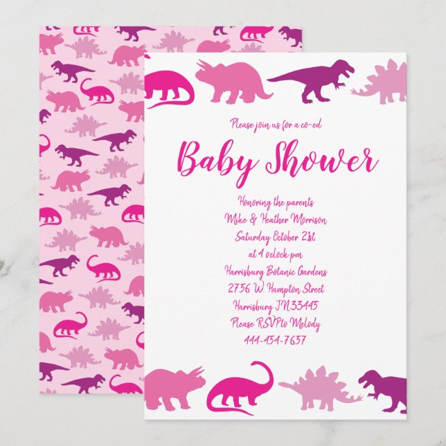 Cute Dinosaur Baby Shower Dino Pink Girl Invitation (Front/Back)