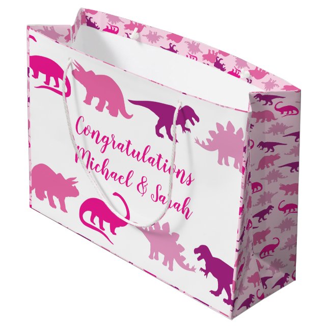 Cute Dinosaur Baby Shower Dino Pink Girl Large Gift Bag (Back Angled)