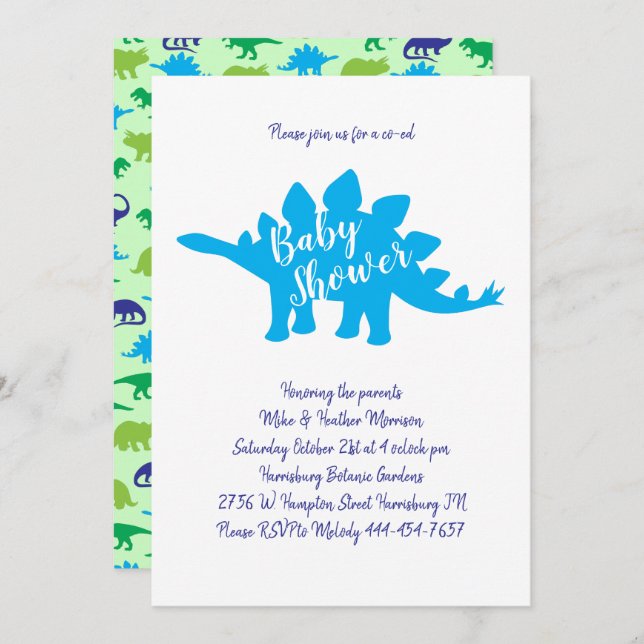 Cute Dinosaur Baby Shower Stegosaurus Blue Boy Invitation (Front/Back)