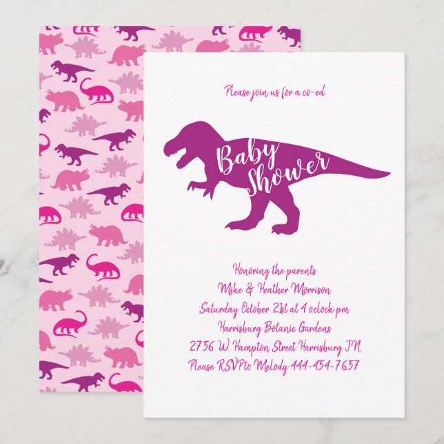 Cute Dinosaur Baby Shower T-Rex Dino Pink Girl Invitation (Front/Back)