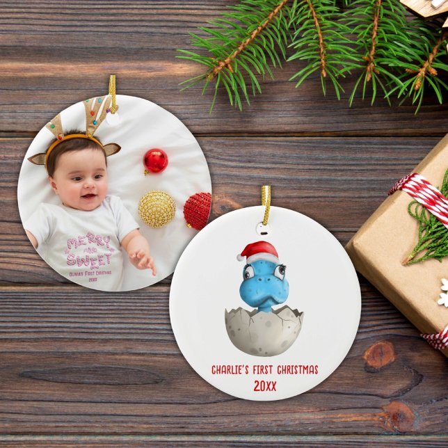 Cute Dinosaur Baby's First Christmas Photo  Ceramic Tree Decoration (Creator Uploaded)