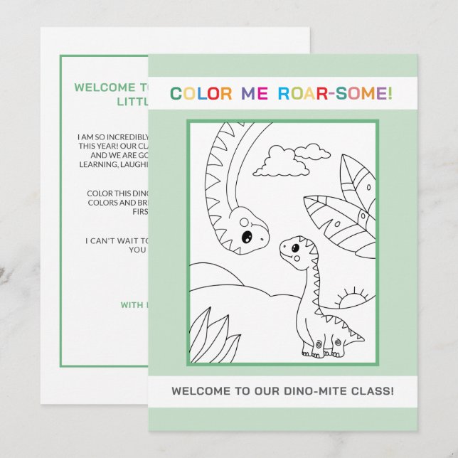 Cute Dinosaur Back to School Colouring Welcome Car Invitation (Front/Back)