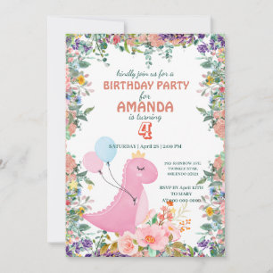 Cute dinosaur balloon floral kids Birthday Party Invitation
