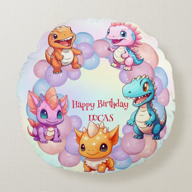 Cute dinosaur Balloon School kids birthday party  Round Cushion (Front)