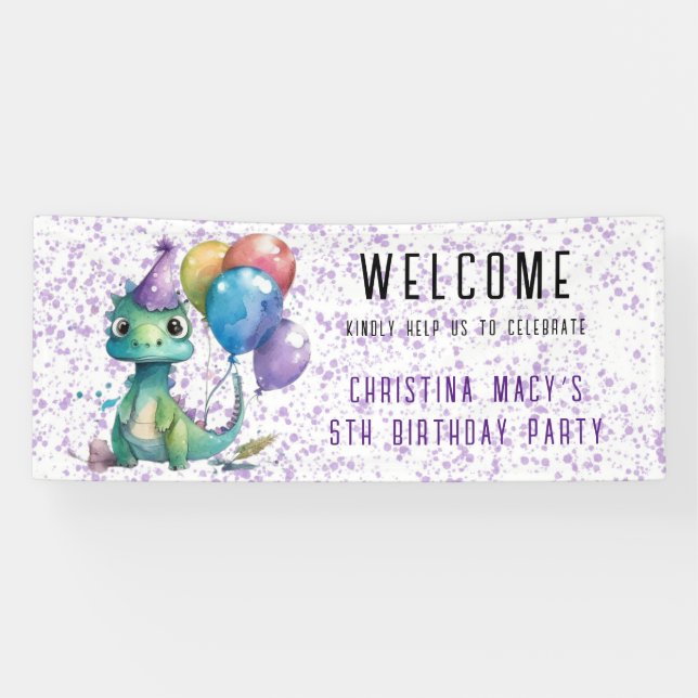 Cute Dinosaur Balloons Girl Birthday Party Welcome Banner (Horizontal)