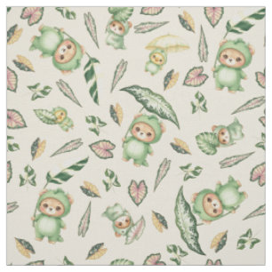 Cute Dinosaur Bear and Leaves Seamless Pattern Fabric