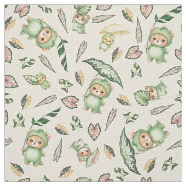 Cute Dinosaur Bear and  Leaves Seamless Pattern Fabric (Swatch)