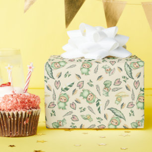 Cute Dinosaur Bear and Leaves Seamless Pattern Wrapping Paper
