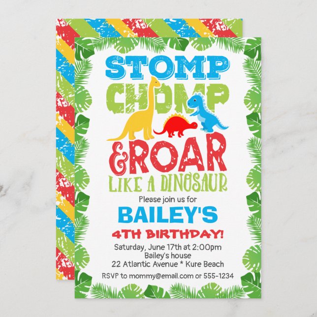 Cute Dinosaur Birthday Boy Colourful Invitation (Front/Back)
