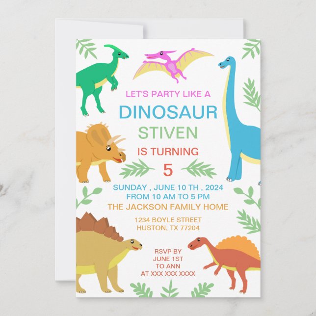 Cute Dinosaur Birthday Colourful Invitation (Front)