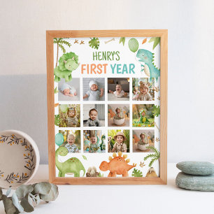 Cute Dinosaur Birthday First Year Photo Milestone Poster