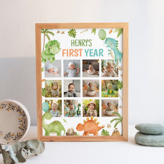 Cute Dinosaur Birthday First Year Photo Milestone Poster