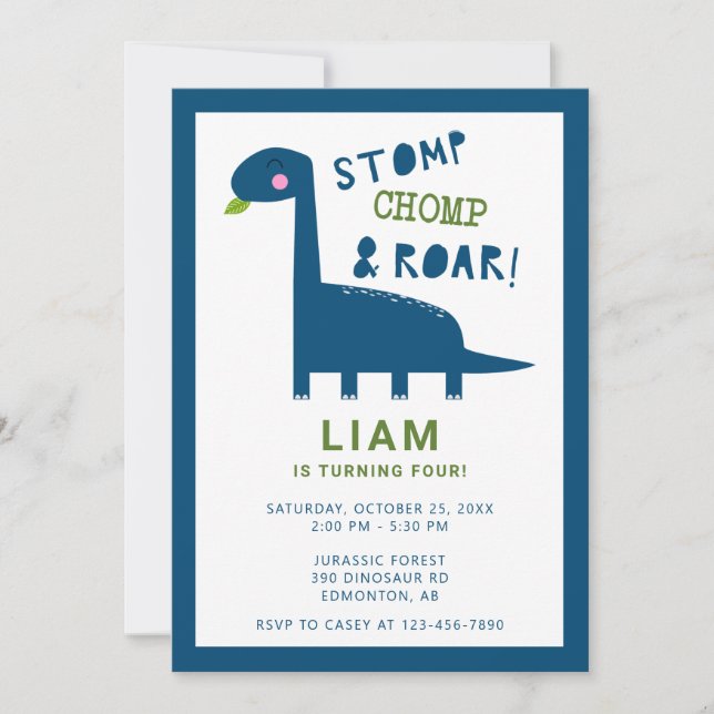 Cute Dinosaur Birthday Invitation 4th Boy Blue (Front)