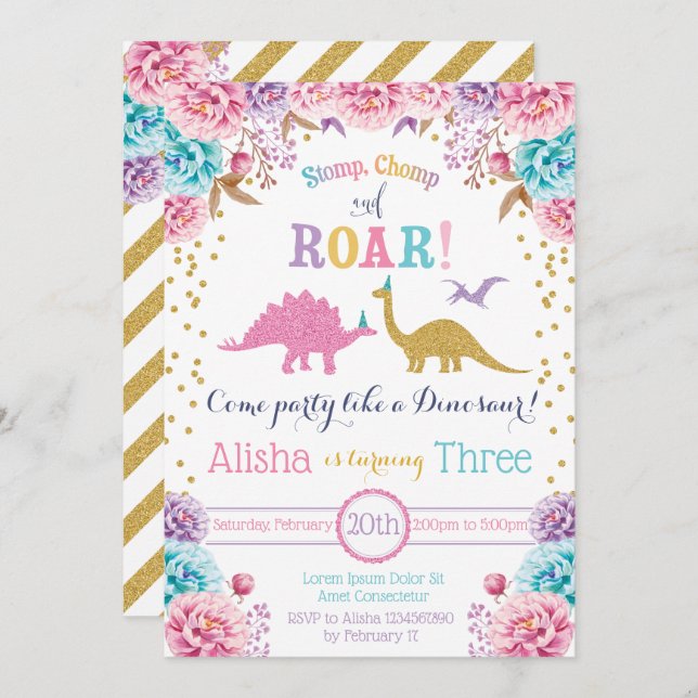Cute Dinosaur Birthday Invitation for Girl (Front/Back)