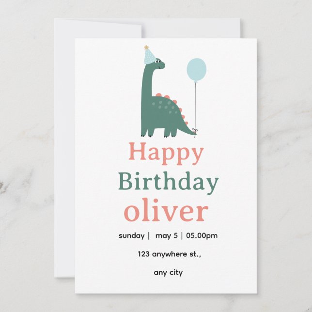 Cute Dinosaur Birthday Invitation for Kids, (Front)